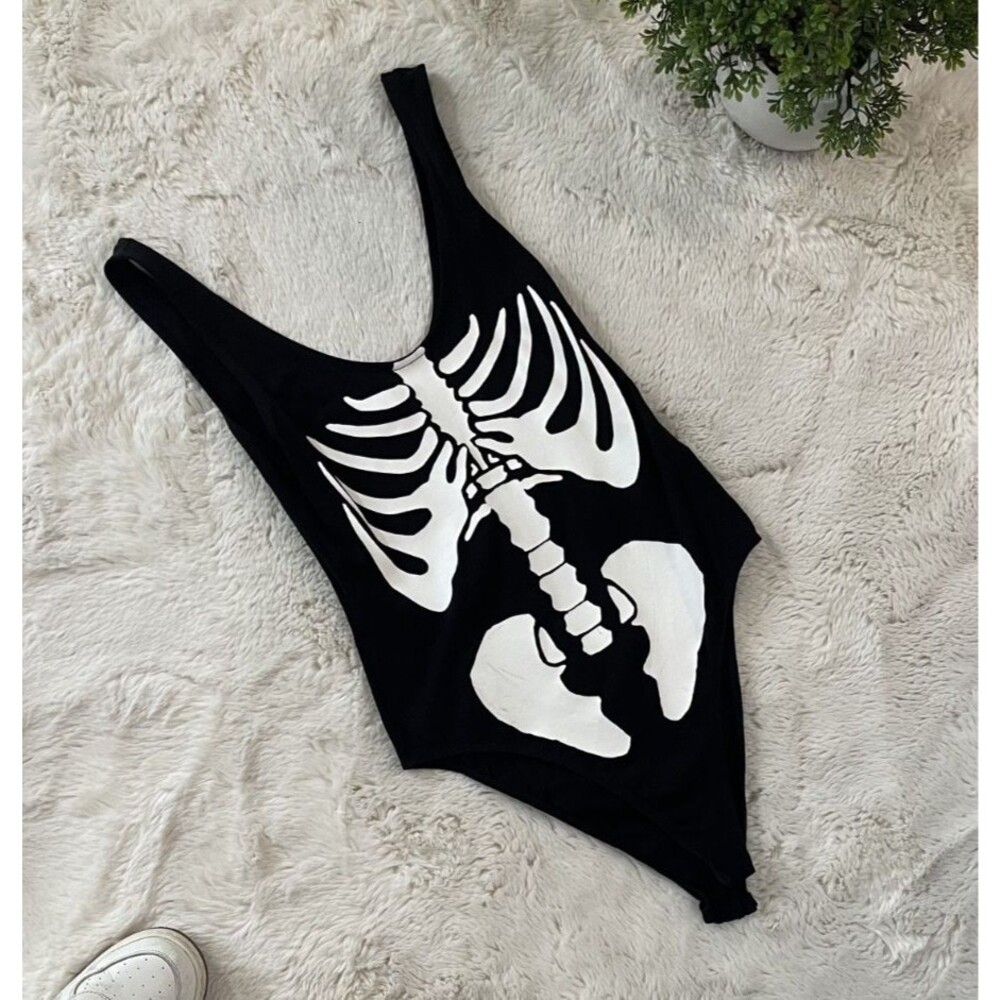 H&M Divided Black Skeleton Graphic Print Bodice Sleeveless Bodysuit Size M